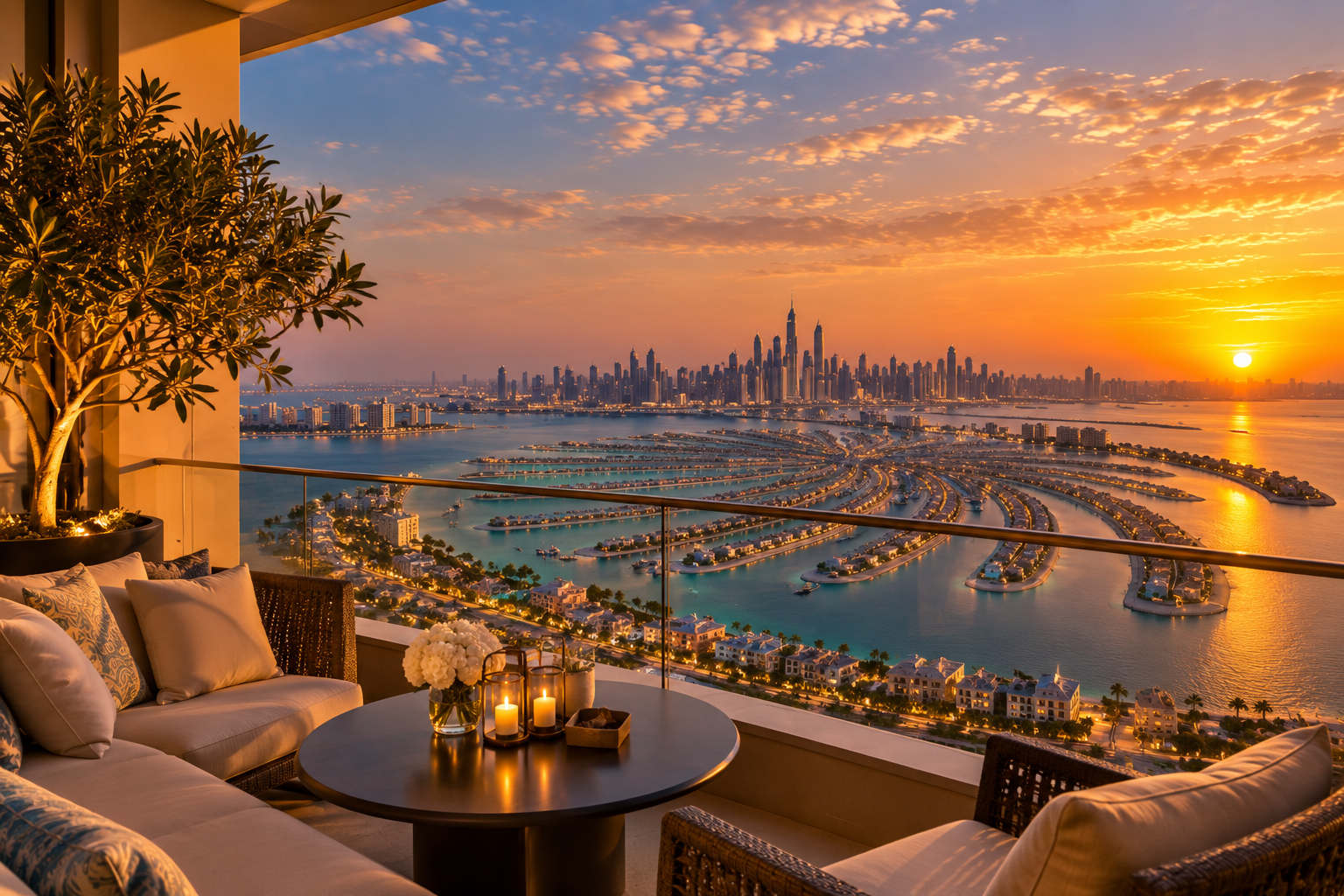 AI-generated Palm Jumeirah view at sunset, Dubai