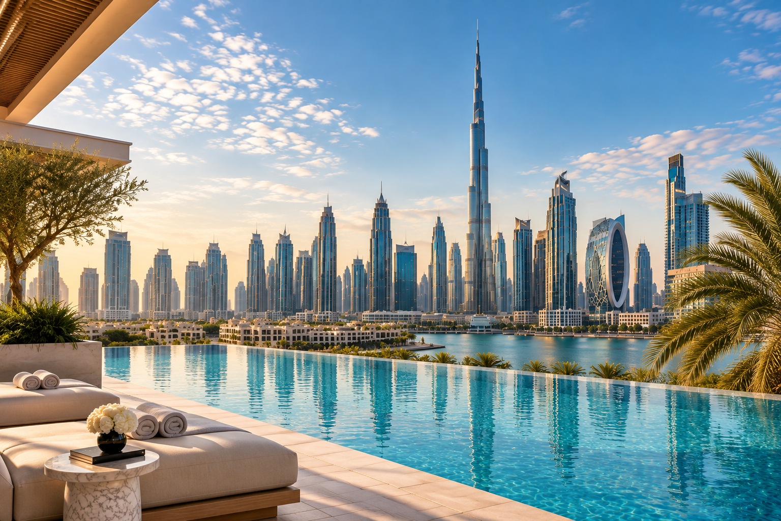 Infinity pool overlooking the Downtown Dubai skyline and the Burj Khalifa at golden hour