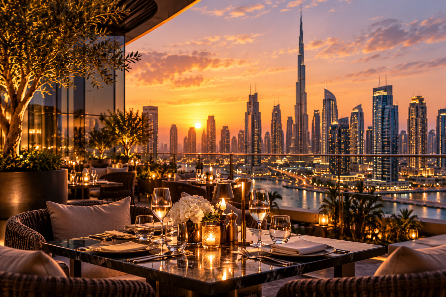 AI-generated rooftop dining scene overlooking Dubai