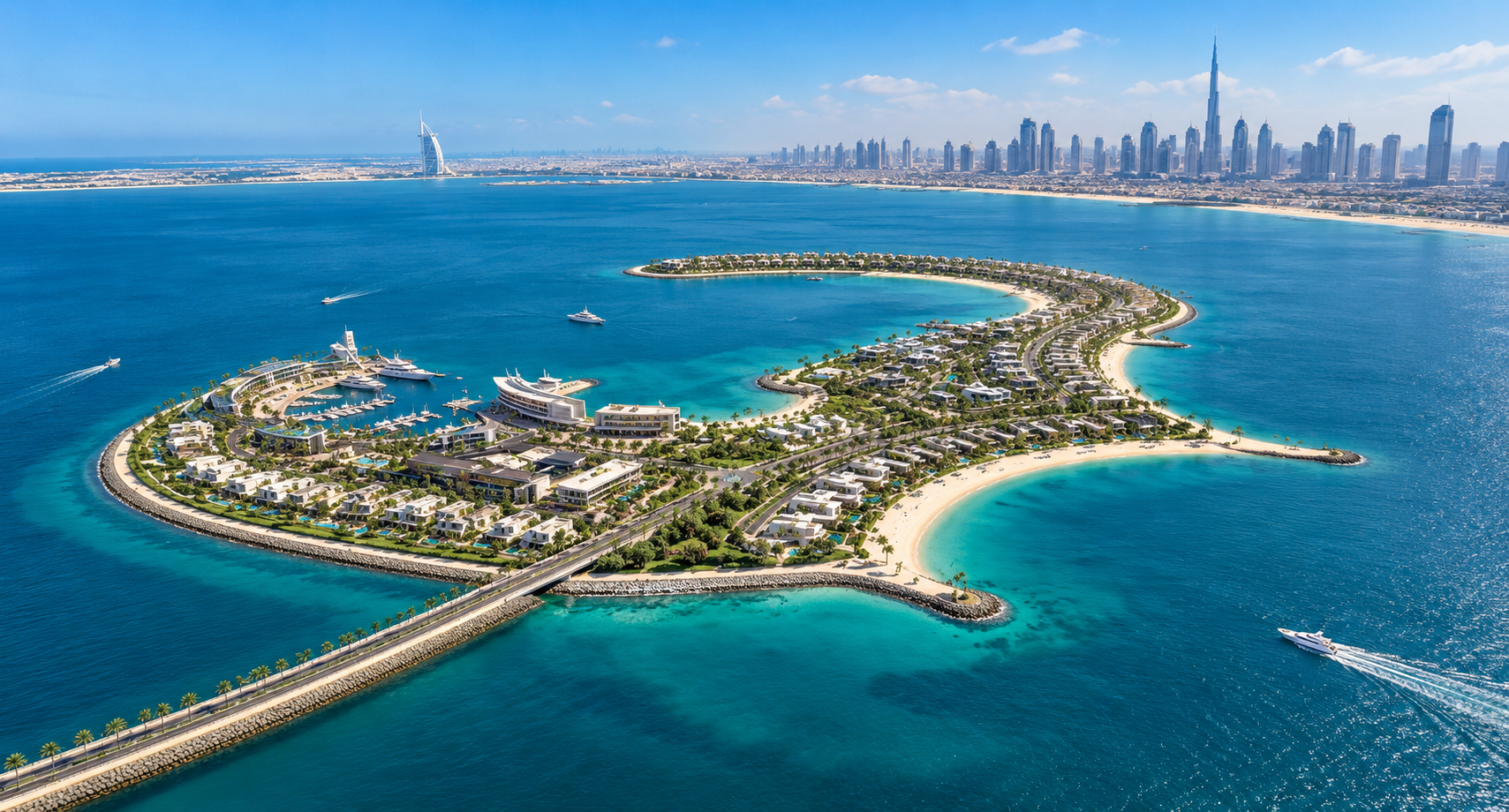 AI-generated aerial illustration of Jumeira Bay, Dubai