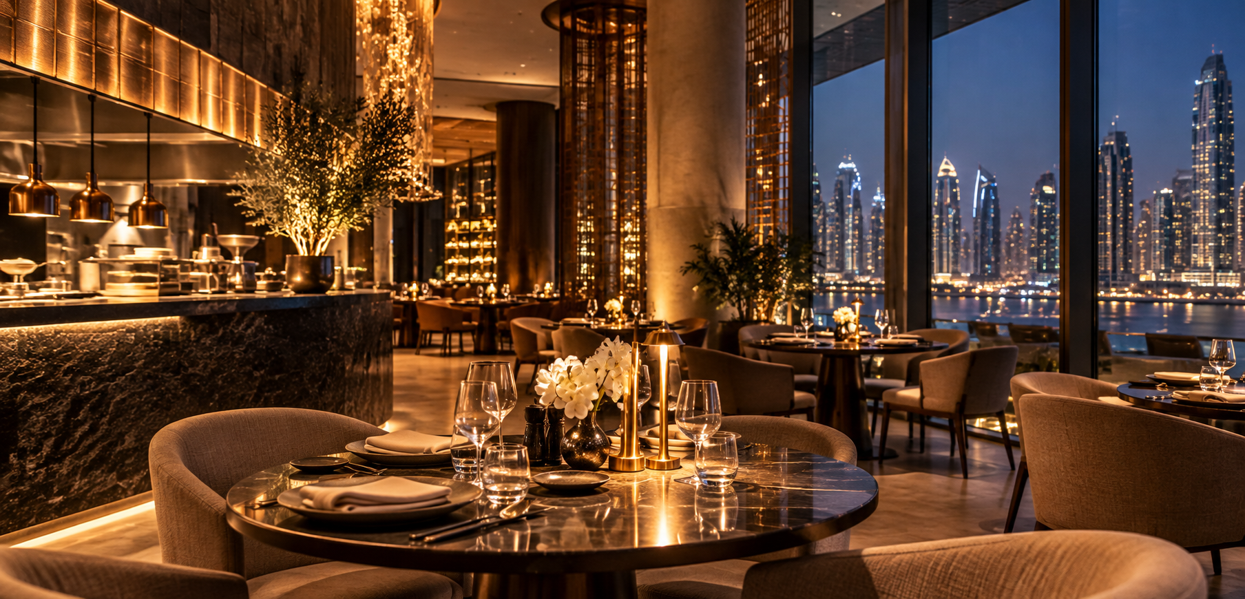 AI-generated luxury restaurant dining room in Dubai at night