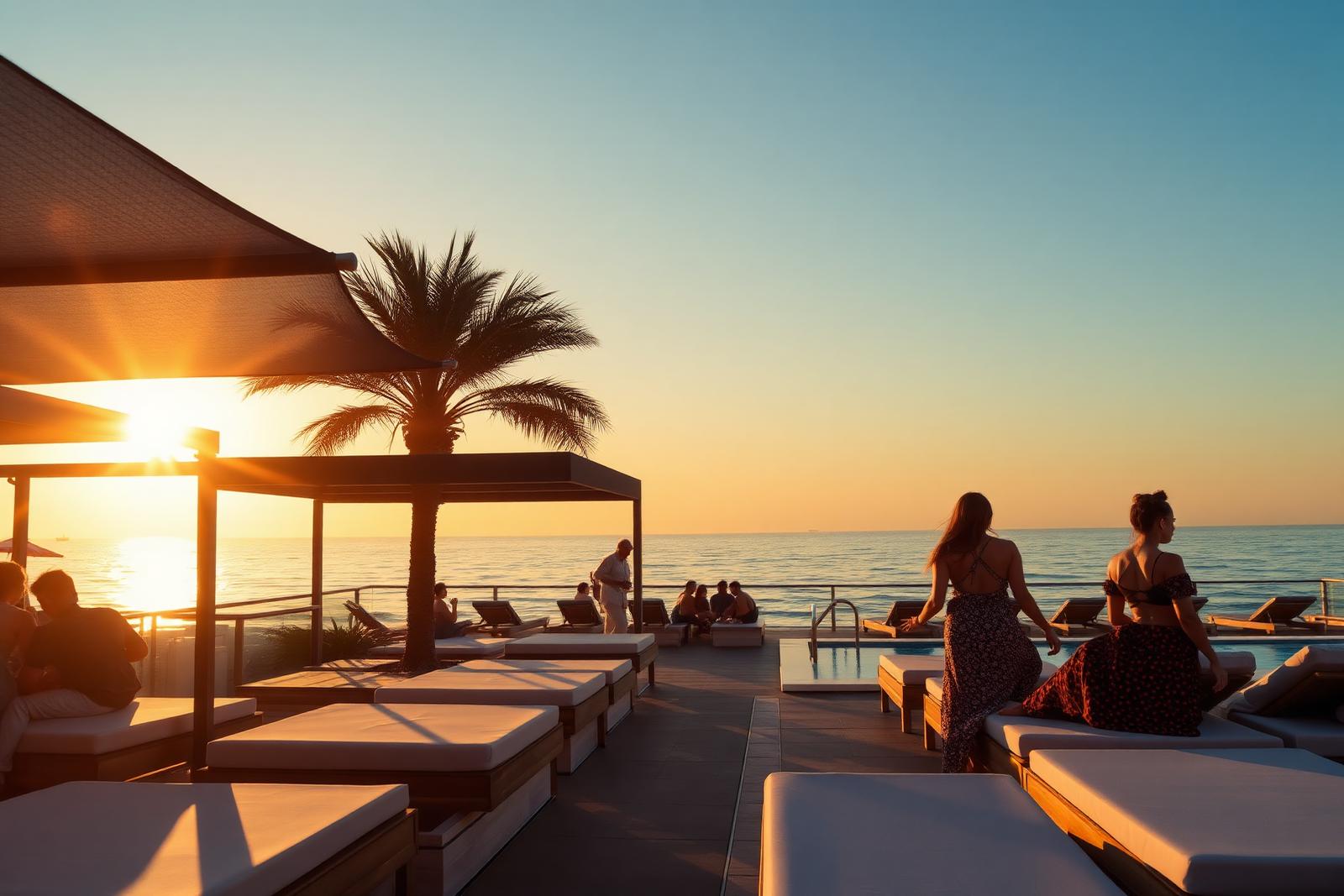 Beach club daybeds facing the sea at sunset in Jumeirah
