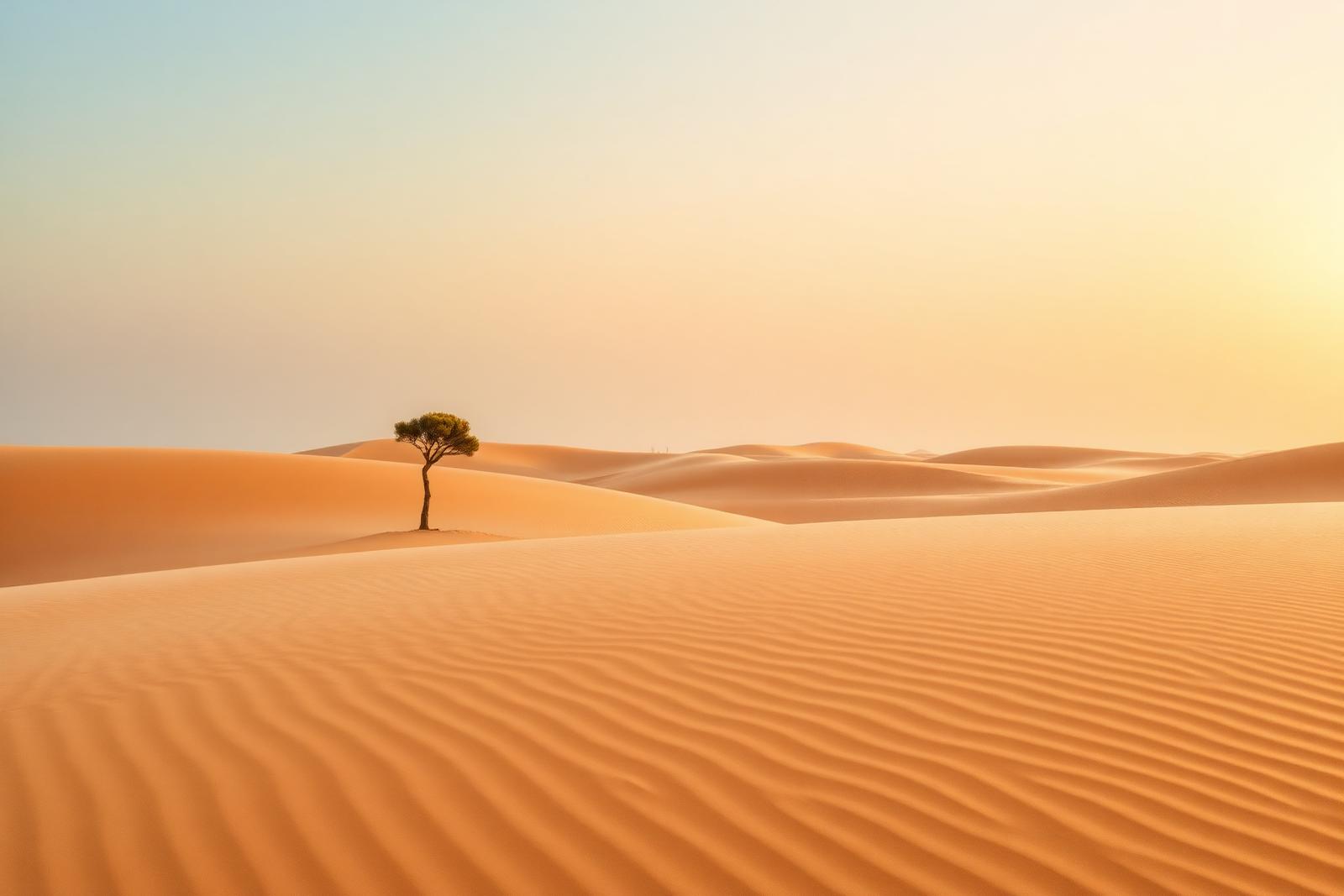 Rippled desert dunes with a single acacia tree at sunrise