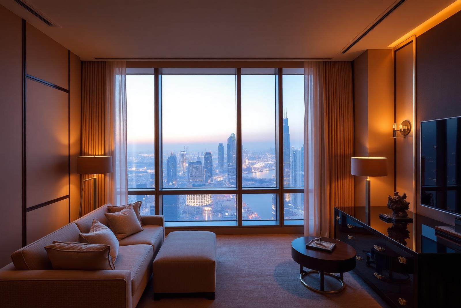 Hotel suite overlooking the Downtown Dubai skyline at dusk