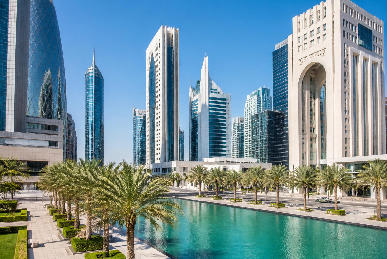 Editorial illustration of a modern Gulf-city downtown of glass towers around a landscaped water basin in bright daylight
