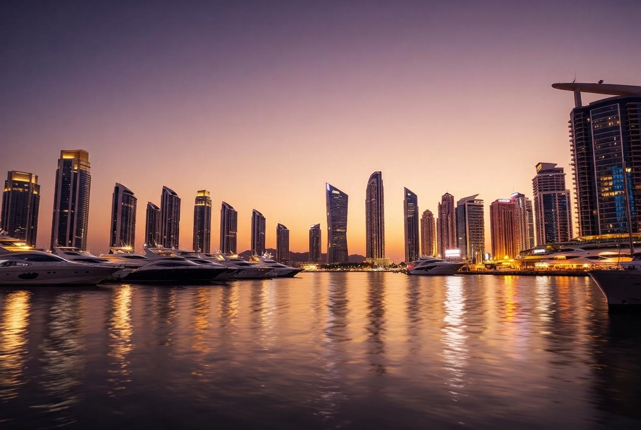Illustrative image of yachts moored beneath illuminated towers at twilight