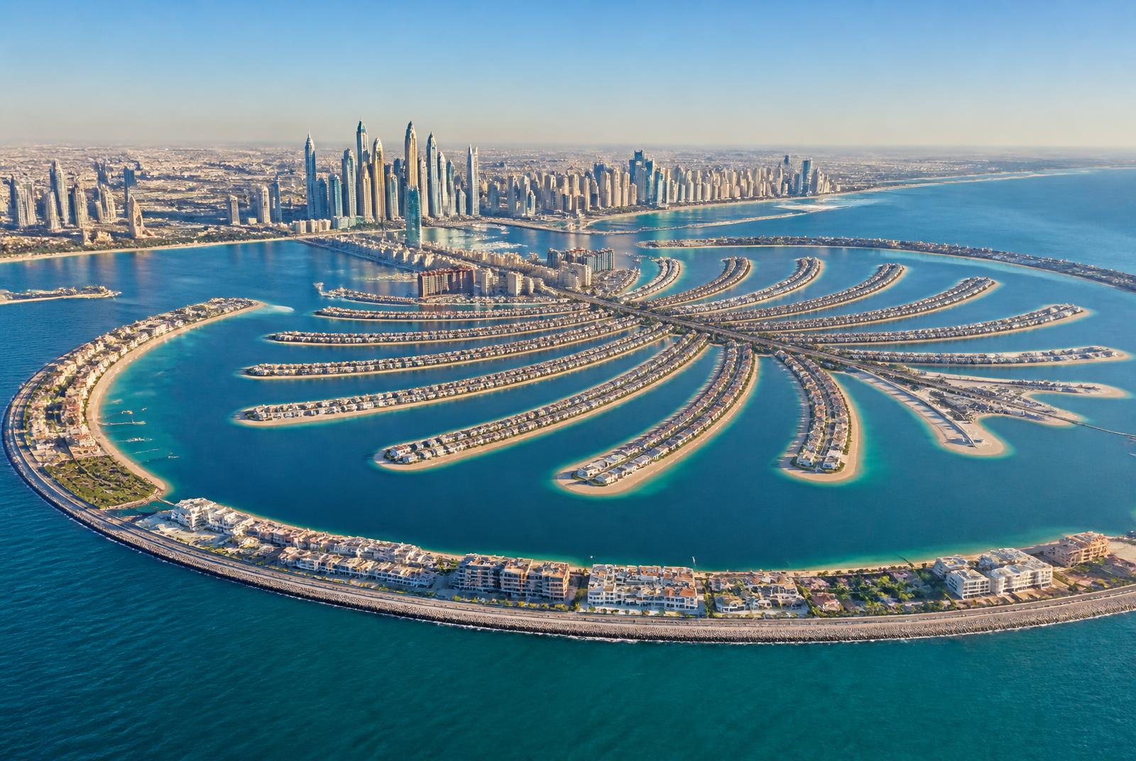 Editorial illustration of a palm-shaped man-made island in bright turquoise Gulf water with a coastal skyline beyond