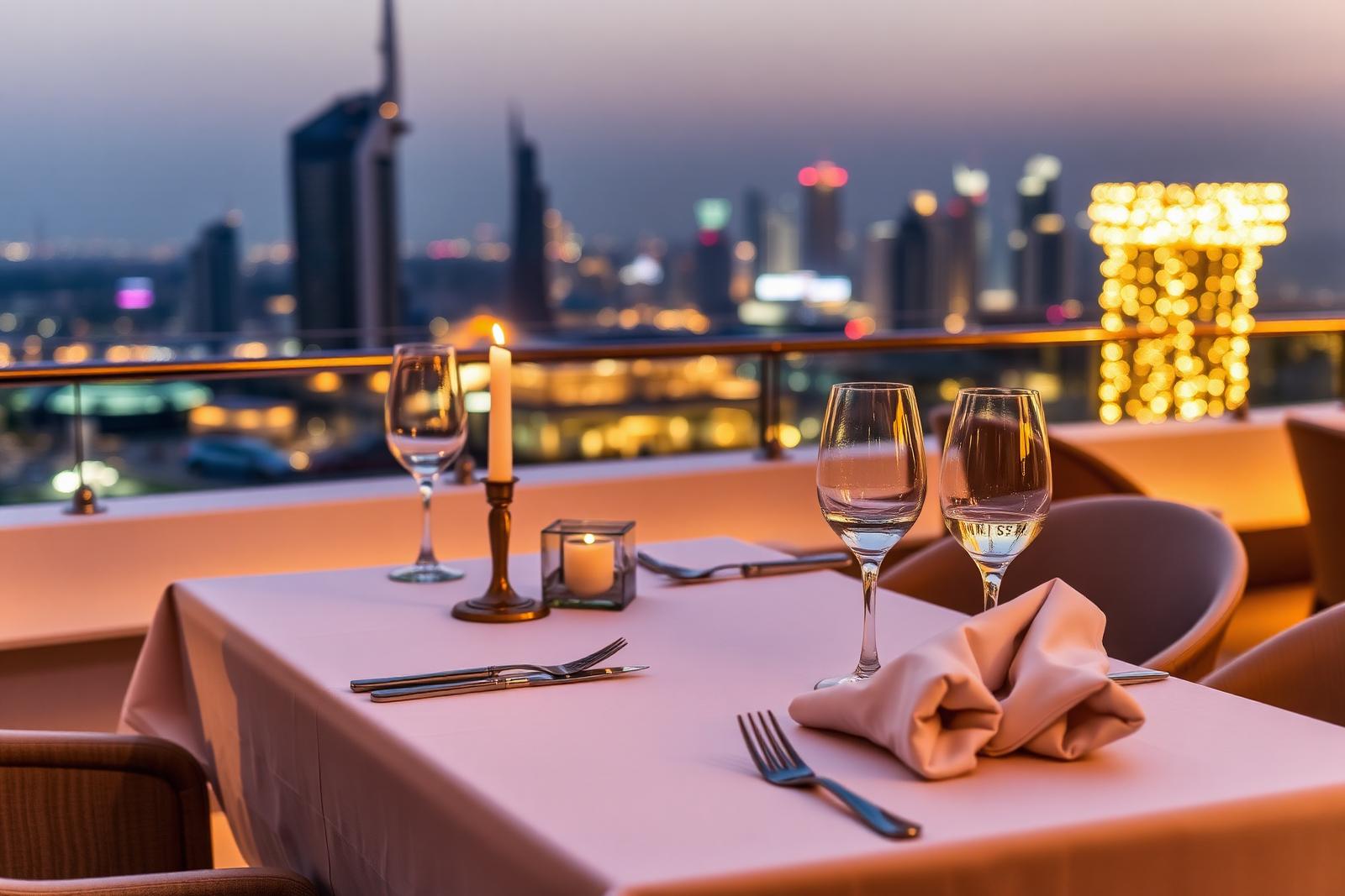 Candlelit rooftop restaurant table set for two with a city skyline behind