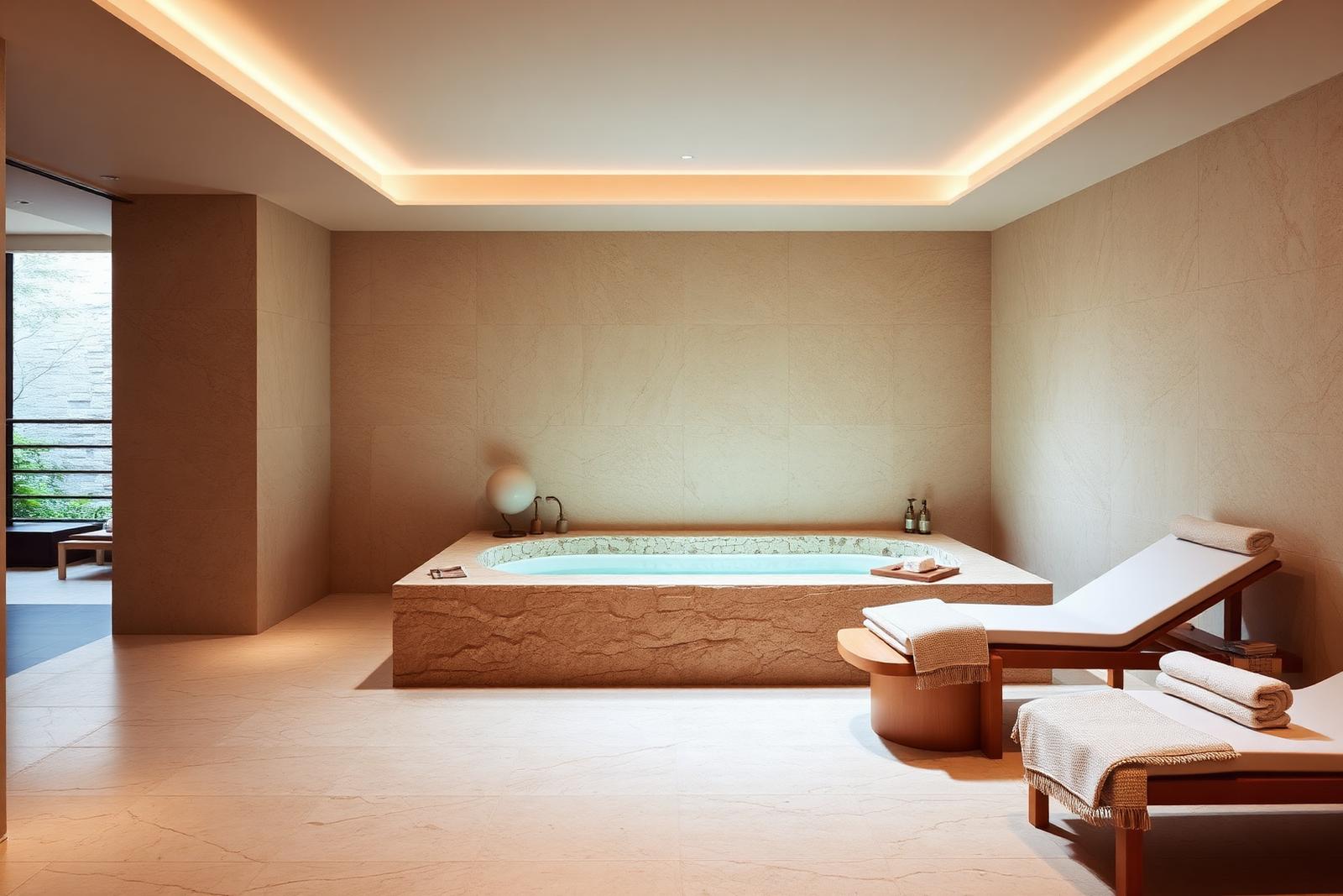 Calm hotel spa room with a stone bath and daybeds in warm travertine tones